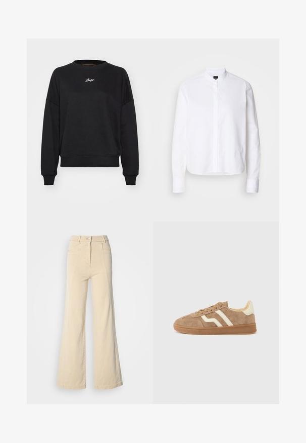 Sweatshirt noir à col rond, épaules tombantes et manches à bords côtes. Présente un subtile logo brodé en blanc sur la poitrine. Texture du tissu lisse.; Chemise blanche à col avec patte de boutonnage à l'avant, manches longues et poignets à boutons. Fabriquée en coton lisse avec une coupe structurée.; Jeans beige à jambes larges avec taille haute, poches avant, et couture contrastée, dotés d'une fermeture à bouton et d'une texture en coton lisse.; Baskets en daim marron avec rayures blanches en accent, bout arrondi, intérieur beige et semelle extérieure en caoutchouc. Lacets à surface texturée.