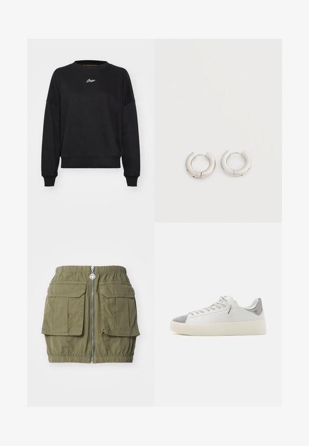 Sweatshirt noir à col rond, épaules tombantes et manches à bords côtes. Présente un subtile logo brodé en blanc sur la poitrine. Texture du tissu lisse.; HUGO RAFINI - Minijupe - open green; Sneaker blanche avec embout en paillettes argentées, accent argenté au talon, design à lacets et semelle plateforme texturée.; Une paire de petites boucles d'oreilles créoles en argent épais avec une surface lisse et brillante sur fond blanc.