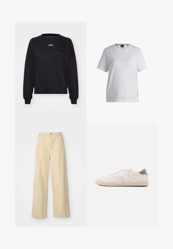 Musthave mustikasvärvi dressipluus ümarate kaeluste, langenud õlgade ja soonikuga mansettidega. Rinnal on peene valge logo tikand. Sile kangas.; Valge puuvillane T-särk ümmarguse kaelusega, lühikeste varrukatega ja vabalt langeva lõikega. Omab väikest brändi sildikest krae lähedal.; Kreemjad laiad püksid, mis on valmistatud puuvillast, esise nupuga kinnituse, vööloopide ja tekstuuriga kangaga.; Valged vabaajajalatsid, mille pealiskihil on seemisnahast detailid, beežid aktsendid ja punutud juutist tald. Omab lamedaid paela ja küljele trükitud brändilogo.