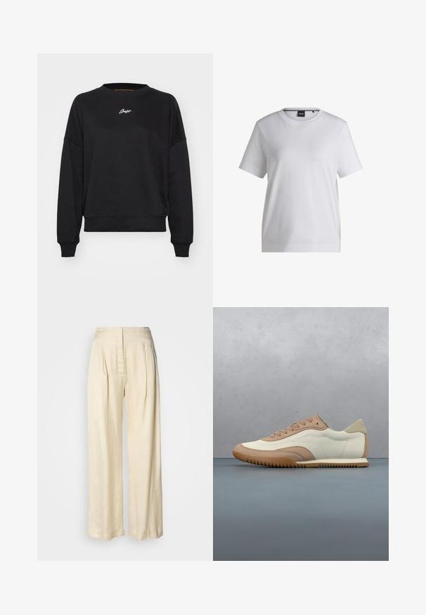 Sweatshirt noir à col rond, épaules tombantes et manches à bords côtes. Présente un subtile logo brodé en blanc sur la poitrine. Texture du tissu lisse.; T-shirt en coton blanc avec un col rond, des manches courtes et une coupe décontractée. Il présente une petite étiquette de marque près du col.; Pantalon en soie crème taille haute avec plis, jambes larges et fermeture éclair avant dissimulée sur un fond blanc uni.; Baskets crème et beige avec une tige texturée, des lacets et une semelle en caoutchouc, présentées au-dessus d'une surface en bois avec des cailloux.