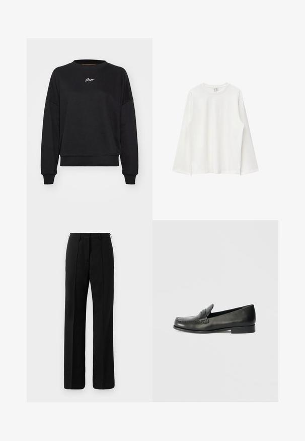 Sweatshirt noir à col rond, épaules tombantes et manches à bords côtes. Présente un subtile logo brodé en blanc sur la poitrine. Texture du tissu lisse.; T-shirt blanc uni à manches longues avec col rond, en tissu doux, présenté à plat sans motifs ni logos.; Pantalons droits noirs sur mesure avec passants de ceinture et pli sur le devant, présentés sur un fond neutre.; Mocassins en cuir noir avec un bout arrondi, des détails de couture surélevés et un talon bas empilé. Texture lisse avec un éclat subtil.