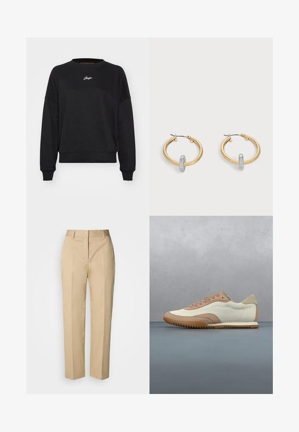 Zwarte sweatshirt met een ronde hals, verlaagde schouders en ribgebreide manchetten. Bevat subtiele witte logo-geborduurde op de borst. Zachte stofstructuur.; Beige rechte broek met riemlussen, voorplooi en verborgen sluiting, afgebeeld tegen een lichte achtergrond.; Crème- en beige sneaker met een textuur bovenwerk, veters en een rubberen zool, gepresenteerd boven een houten oppervlak met kiezelstenen.; Paar goudkleurige creolen met kleine zilverkleurige lusdetail op elk, weergegeven tegen een lichtgrijze achtergrond.