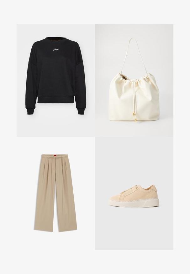 Sudadera negra con cuello redondo, hombros caídos y puños acanalados. Presenta un sutil bordado de logo blanco en el pecho. Textura de tela suave.; Pantalones beige de pierna ancha con pliegues, un cinturón con una hebilla de doble anillo y un accesorio de cadena delgada dorada en la cintura, dispuestos planos.; Zapatilla de ante beige con puntera redondeada, costuras tonales y suela gruesa de goma blanca. Cuenta con cordones planos y diseño minimalista.; Bolso de cuerda de imitación de cuero suave y blanco, con parte superior recogida, correa ajustable y detalles en tono dorado. Textura suave con diseño minimalista.