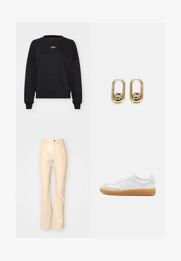 Zwarte sweatshirt met een ronde hals, verlaagde schouders en ribgebreide manchetten. Bevat subtiele witte logo-geborduurde op de borst. Zachte stofstructuur.; Beige faux leren flarebroeken met een soepele textuur, voorzien van voorzakken, een knoopsluiting en een subtiele glansafwerking.; Witte leren sneaker met beige suède accenten, gumrubberen zool en vetersluiting. Heeft subtiele branding in goud.; BOSS DOUBLE B SWING - Oorbellen - gold-coloured