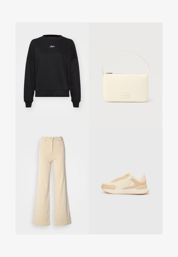 Zwarte sweatshirt met een ronde hals, verlaagde schouders en ribgebreide manchetten. Bevat subtiele witte logo-geborduurde op de borst. Zachte stofstructuur.; Beige wijde jeans met hoge taille, voorzakken en contrasterende stiksels, met een knoopsluiting en een zachte katoenen textuur.; Beige sneaker met lichte accenten, ronde neus, gestructureerd bovenwerk, platte veters en een gevoerde zool. Heeft een logo aan de zijkant.; Roomkleurige rechthoekige handtas met een enkele draagband en een ritssluiting aan de bovenkant, met een klein ingegraveerd logoplacaat op de voorkant.