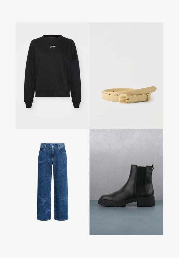Zwarte sweatshirt met een ronde hals, verlaagde schouders en ribgebreide manchetten. Bevat subtiele witte logo-geborduurde op de borst. Zachte stofstructuur.; Blauwe jeans met hoge taille en brede pijpen, voorzien van een knoop- en ritssluiting aan de voorkant, een ontwerp met vijf zakken en een subtiele gekreukte textuur.; Zwarte leren Chelsea-boot met elastische zijpanelen, gestructureerde afwerking en een robuuste zool, gepositioneerd boven bruine houten tegels met steentjes.; Beige leren riem opgerold met een goudkleurige rechthoekige gesp en meerdere verstelgaten op een effen witte achtergrond.