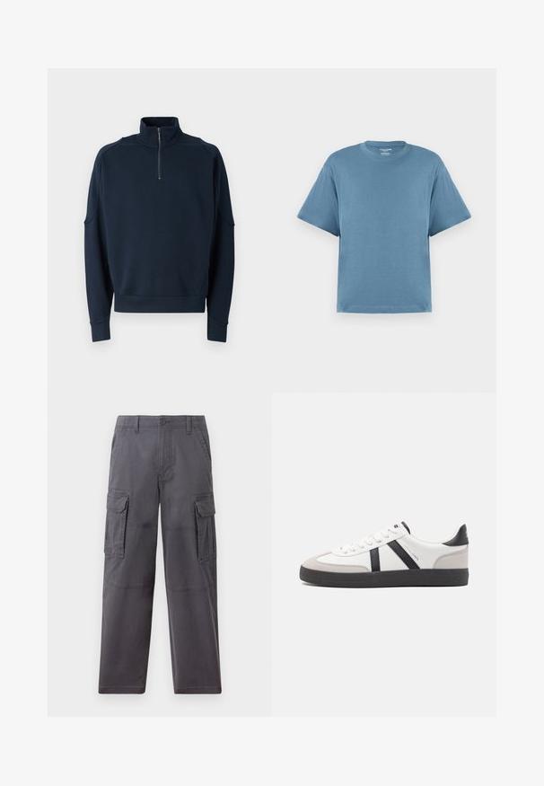 Sudadera azul marino con cremallera, que presenta un alto cuello, puños acanalados y una textura suave. Logotipo sutil en el pecho. Diseño clásico y casual.; Camiseta de manga corta azul, hecha de algodón, con cuello redondo y un corte relajado. Textura suave, diseño minimalista, sin patrones ni acentos.; Hollister Co. SKATER BAGGY - Pantalones cargo - grey; Zapatilla blanca con acentos en negro y gris, que presenta una puntera texturizada en gris, suela de goma negra y cordones planos blancos. Diseño limpio, estilo minimalista.