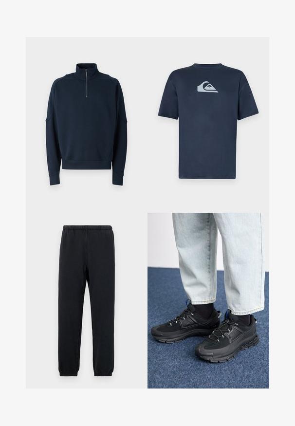 Sudadera azul marino con cremallera, que presenta un alto cuello, puños acanalados y una textura suave. Logotipo sutil en el pecho. Diseño clásico y casual.; Camiseta de algodón azul marino de manga corta, con un logo gris claro en el pecho. Textura suave, diseño de cuello redondo y corte regular.; Pantalones de chándal negros con una cinturilla elástica y tobillos ajustados; hechos de una tela suave y elástica, con un diseño minimalista sin patrones.; Zapatillas deportivas negras con tejido texturizado y suelas de goma, con cordones elásticos y un acento azul en el talón. Combinadas con pantalones de mezclilla claros.