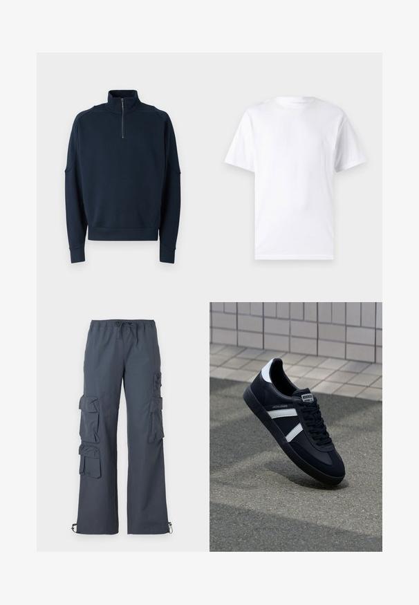 Námornícka mikina na zips s vysokým golierom, rebrovanými manžetami a jemnou textúrou. Diskrétne logo na hrudi. Klasický pohodlný dizajn.; Biela krátka rukávová tričko vyrobené z bavlny s okrúhlym výstrihom, s hladkou textúrou a jednoduchým dizajnom bez vzorov alebo akcentov.; Tmavohnedé cargo nohavice s elastickým pásom, mnohými veľkými vreckami po stranách a nastaviteľnými náplety na členkoch.; Čierne kožené tenisky s bielymi pruhmi, textúrovanou gumovou podrážkou a šnurovaním vpredu. Obsahujú označenie značky na jazyku.
