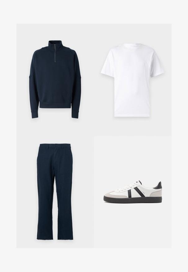 Sudadera azul marino con cremallera, que presenta un alto cuello, puños acanalados y una textura suave. Logotipo sutil en el pecho. Diseño clásico y casual.; Camiseta blanca de manga corta hecha de algodón con cuello redondo, que presenta una textura suave y un diseño simple sin patrones ni acentos.; Pantalones de lino azul marino con corte recto, cierre de botón y bolsillos estándar. La tela tiene una textura suave y un detalle mínimo.; Zapatilla blanca con acentos en negro y gris, que presenta una puntera texturizada en gris, suela de goma negra y cordones planos blancos. Diseño limpio, estilo minimalista.