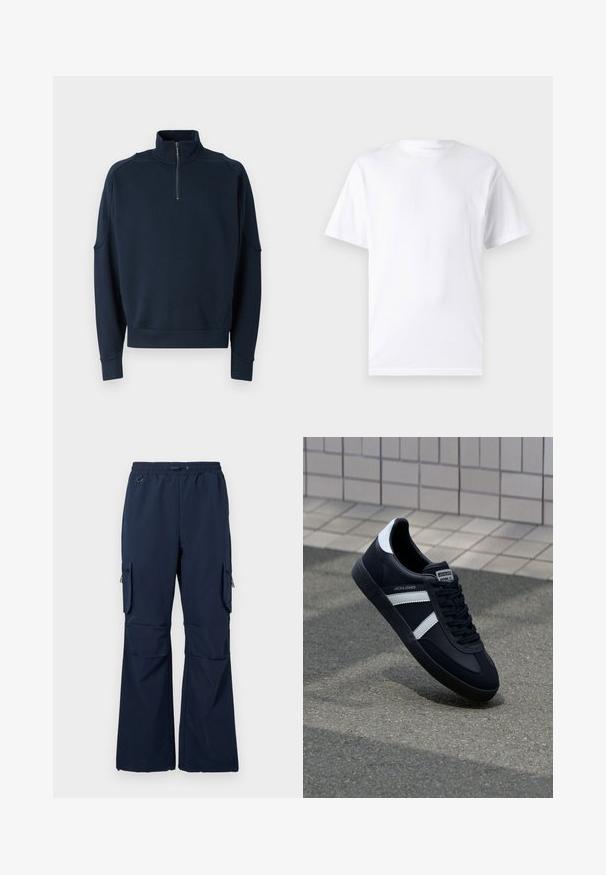 Sudadera azul marino con cremallera, que presenta un alto cuello, puños acanalados y una textura suave. Logotipo sutil en el pecho. Diseño clásico y casual.; Camiseta blanca de manga corta hecha de algodón con cuello redondo, que presenta una textura suave y un diseño simple sin patrones ni acentos.; Pantalones de carga en color navy hechos de una tela ligera, con cintura ajustable mediante cordón, dos bolsillos laterales y bolsillos de carga con cremallera en ambas piernas.; Zapatilla de cuero negra con rayas blancas, suela de goma texturizada y parte frontal con cordones. Cuenta con una etiqueta de marca en la lengüeta.