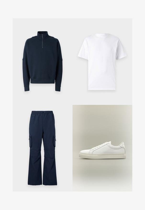 Navy Zip-up Sweatshirt mit hohem Kragen, Rippbündchen und weicher Textur. Dezente Markenkennzeichnung auf der Brust. Klassisches, lässiges Design.; Weißes kurzärmeliges T-Shirt aus Baumwolle mit Rundhalsausschnitt, das eine glatte Textur und ein einfaches Design ohne Muster oder Akzente aufweist.; Marine Cargo-Hosen aus leichtem Stoff mit einem Kordelzugbund, zwei seitlichen Taschen und mit Reißverschluss versehenen Cargo-Taschen an beiden Beinen.; Weißer Sneaker mit niedrigem Schaft, vorn mit Schnürung und dicker Sohle, aus der Seitenansicht vor neutralem Hintergrund.