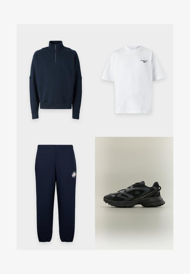 Marineblauwe rits sweatshirt met hoge kraag, geribbelde boorden en een zachte textuur. Subtiele branding op de borst. Klassiek casual ontwerp.; Witte katoen t-shirt met korte mouwen, met de tekst "Jeu Set et Match" en een klein groen logo op de linkerkant van de borst. Klassieke pasvorm.; Marineblauwe trainingsbroek van zacht katoen met elastische boorden en tailleband. Bevat een wit Lacoste Parijs-logo op het linkerpijp.; Zwarte sportieve schoen met meshpanelen, een gestructureerde zool, veters en een gebogen silhouet met zilveren accenten aan de zijkanten.