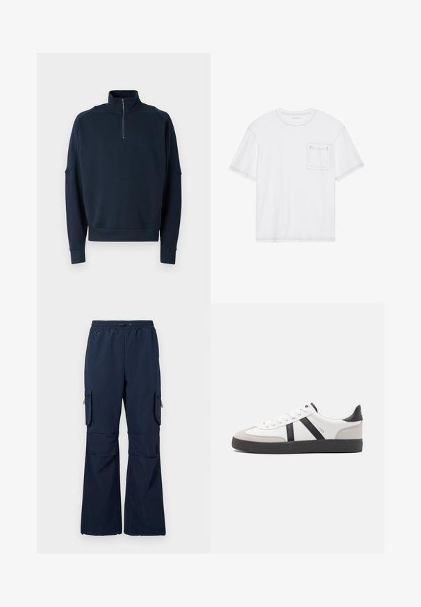 Sudadera azul marino con cremallera, que presenta un alto cuello, puños acanalados y una textura suave. Logotipo sutil en el pecho. Diseño clásico y casual.; Camiseta de algodón blanca con mangas cortas, cuello redondo y un bolsillo en el pecho. Presenta costuras en contraste a lo largo de los bordes.; Pantalones de carga en color navy hechos de una tela ligera, con cintura ajustable mediante cordón, dos bolsillos laterales y bolsillos de carga con cremallera en ambas piernas.; Zapatilla blanca con acentos en negro y gris, que presenta una puntera texturizada en gris, suela de goma negra y cordones planos blancos. Diseño limpio, estilo minimalista.