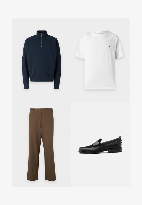 Navy Zip-up Sweatshirt mit hohem Kragen, Rippbündchen und weicher Textur. Dezente Markenkennzeichnung auf der Brust. Klassisches, lässiges Design.; Weißes Baumwoll-T-Shirt mit rundem Halsausschnitt, kurzen Ärmeln und einem kleinen schwarzen Logo auf der Brust. Weicher Stoff, lässige Passform.; Braune, gerade geschnittene Hosen aus strukturiertem Stoff, mit Knopfverschluss und normalem Bund, seitlichen Taschen und taillierten Nähten.; Schwarzer Lederloafer mit grauem Riemendetail, niedrigem Absatz und strukturierter Sohle, seitlich mit „HUGO“ in Gold gebrandmarkt.