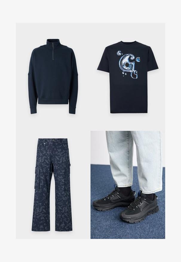Sudadera azul marino con cremallera, que presenta un alto cuello, puños acanalados y una textura suave. Logotipo sutil en el pecho. Diseño clásico y casual.; Camiseta de algodón negra con una letra "G" en estilo metálico brillante y burbujas en tonos de azul. Tienes mangas cortas y un ajuste clásico.; Sean John SCRIPT LOGO CAMOUFLAGE - Pantalones cargo - blue; Zapatillas deportivas negras con tejido texturizado y suelas de goma, con cordones elásticos y un acento azul en el talón. Combinadas con pantalones de mezclilla claros.