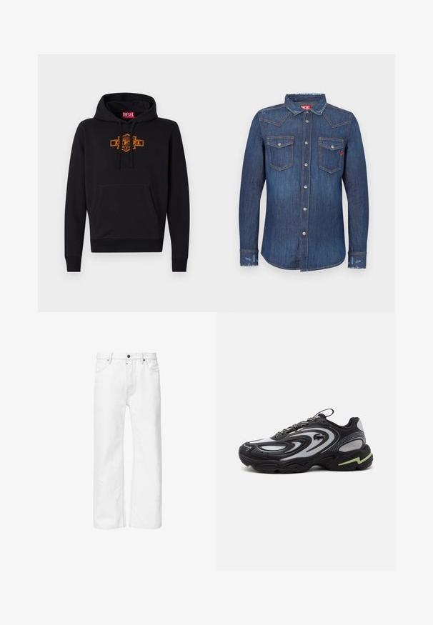 Schwarzer Hoodie mit einer vorderen Kängurutasche, Kapuze mit Kordelzug und einem orangefarbenen Grafiklogo auf der Brust. Weiches Mischmaterial aus Baumwolle.; Dunkelblaues Jeanshemd mit langen Ärmeln, spitzem Kragen, zwei Brusttaschen, silbernen Knopfverschlüssen und dezenten Used-Effekten.; Weiße Jeans im geraden Schnitt mit standardmäßigem Fünf-Taschen-Design und Metallknopfverschluss an der Taille, mit tonalem Nähen.; Schwarzer und grauer Lacoste Storm 2K Sneaker mit Wellenmustern, Schnürdesign und einer dicken Sohle mit hellgrünem Akzent.