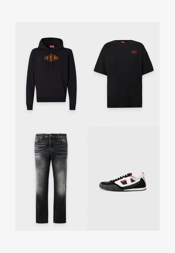 Schwarzer Hoodie mit einer vorderen Kängurutasche, Kapuze mit Kordelzug und einem orangefarbenen Grafiklogo auf der Brust. Weiches Mischmaterial aus Baumwolle.; Schwarzes T-Shirt aus Baumwolle, mit kurzen Ärmeln, rundem Ausschnitt und einem roten "DIESEL"-Logo auf der linken Brustseite.; Schwarze Jeans mit einem verblassten Finish und verwaschenen Akzenten, klassisches Fünf-Taschen-Design und Reißverschluss. Hergestellt aus Denim-Stoff.; Diesel S PAGODHA LOW - Sneaker low - black