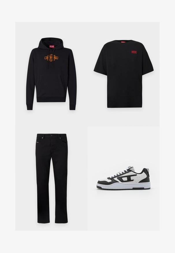 Schwarzer Hoodie mit einer vorderen Kängurutasche, Kapuze mit Kordelzug und einem orangefarbenen Grafiklogo auf der Brust. Weiches Mischmaterial aus Baumwolle.; Schwarzes T-Shirt aus Baumwolle, mit kurzen Ärmeln, rundem Ausschnitt und einem roten "DIESEL"-Logo auf der linken Brustseite.; Schwarze Jeans mit geradem Bein, fünf Taschen und Metallknopfverschluss. Mit dezenten Stickereidetails auf der vorderen Tasche.; Schwarze und weiße Sneaker mit Obermaterial aus strukturiertem Leder, gepolstertem Schuhkragen, runder Zehenpartie und kontrastierender Gummisohle. Inklusive weißer Schnürsenkel und Logodetail.