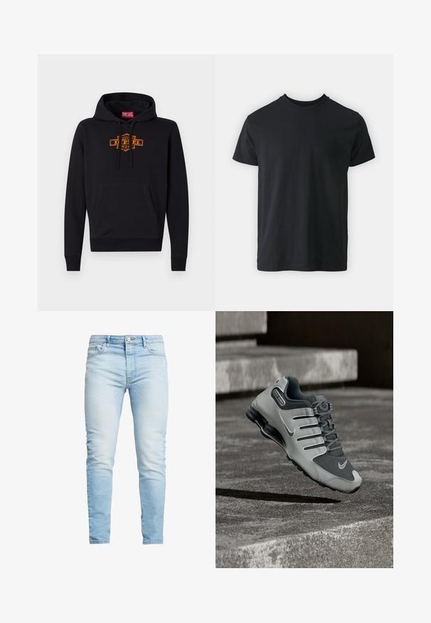 Schwarzer Hoodie mit einer vorderen Kängurutasche, Kapuze mit Kordelzug und einem orangefarbenen Grafiklogo auf der Brust. Weiches Mischmaterial aus Baumwolle.; Schwarzes Baumwoll-T-Shirt mit kurzen Ärmeln, Rundhalsausschnitt und lässiger Passform. Glatte Textur und gerader Saum, keine sichtbaren Grafiken oder Muster.; Helle blaue Denim-Jeans im Slim-Fit, mit hoher Taille und dezenten Ausbleichungen, Knopfverschluss und fünf Taschen.; Grauer und schwarzer Nike Shox Sportschuh schwebt über einer strukturierten Betonoberfläche mit Schatten darunter.
