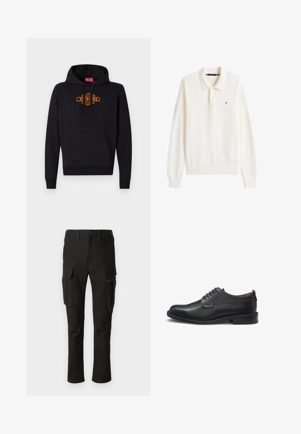 Schwarzer Hoodie mit einer vorderen Kängurutasche, Kapuze mit Kordelzug und einem orangefarbenen Grafiklogo auf der Brust. Weiches Mischmaterial aus Baumwolle.; Weißes Langarm-Poloshirt mit gerippten Bündchen und Saum, Knopfleiste und kleinem Tommy Hilfiger Flaggenlogo auf der Brust.; Schwarze Cargo-Hosen mit mehreren Taschen, einem seitlichen Reißverschlussfach und verstärkten Nähten, mit einem geraden Beinschnitt und strapazierfähigem Stoff.; Schwarzer Herrenschuh aus Leder mit geschlossener Schnürung, rundem Zehenbereich, niedrigem Absatz und dezentem Markenlogo nahe der Ferse vor weißem Hintergrund.