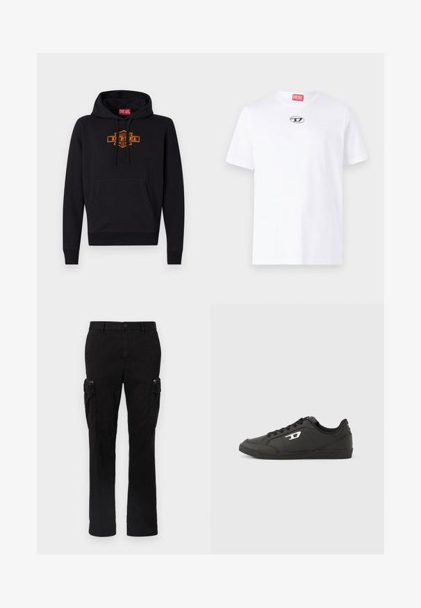 Sudadera negra con un bolsillo frontal tipo canguro, capucha con cordón y un logo gráfico naranja en el pecho. Material de suave mezcla de algodón.; Camiseta de algodón blanca con mangas cortas, que presenta un escote redondo y un parche del logo plateado de Diesel en el pecho. Diseño simple, color sólido.; Pantalones cargo negros de algodón, con dos bolsillos laterales, un diseño de pierna recta y costuras visibles en las costuras.; Zapatillas deportivas negras sintéticas con suela negra texturizada, puntera redonda y cordones planos negros. Destaca un logo blanco en el lateral exterior.