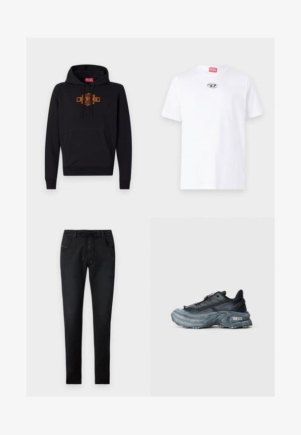 Sort hættetrøje med en frontlomme, snøre i hætten og et orange grafisk logo på brystet. Blødt bomuldsblandingsmateriale.; Hvid bomulds t-shirt med korte ærmer, der har en rund halsudskæring og et sølv Diesel logo-patch på brystet. Enkel design, ensfarvet.; Sorte denimbukser med slim fit, der har en snoretræk i taljen, to forlommer og diskrete sømdetaljer. Glat tekstur.; Sort og grå Diesel sneakers med tyk sål, snørrebåndslukning og tekstureret design på en ensfarvet lysegrå baggrund.
