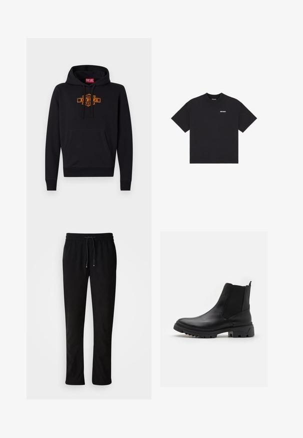 Schwarzer Hoodie mit einer vorderen Kängurutasche, Kapuze mit Kordelzug und einem orangefarbenen Grafiklogo auf der Brust. Weiches Mischmaterial aus Baumwolle.; Schwarzes T-Shirt mit kurzen Ärmeln und dem Schriftzug "WRSTBHVR" in kleinen weißen Buchstaben auf der linken Brust und innen am Kragen.; Schwarze Jogginghosen aus strukturiertem Stoff, mit elastischem Bund und Kordelzugverschluss, gerade Beine und ohne sichtbare Muster oder Akzente.; Steve Madden QUADE - Stiefelette - black