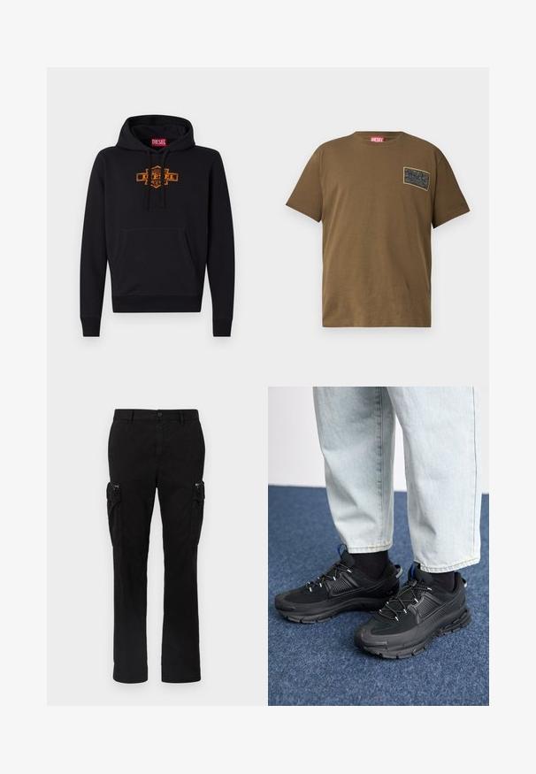 Schwarzer Hoodie mit einer vorderen Kängurutasche, Kapuze mit Kordelzug und einem orangefarbenen Grafiklogo auf der Brust. Weiches Mischmaterial aus Baumwolle.; Braunes Baumwoll-T-Shirt mit Rundhalsausschnitt, das einen schwarzen Grafik-Patch auf der linken Brust hat. Kurze Ärmel und ein gerader Saum.; Schwarze Cargo-Hose aus Baumwolle mit zwei seitlichen Taschen, geradem Bein und sichtbaren Nähten an den Säumen.; Schwarze Sportschuhe aus strukturiertem Stoff mit Gummisohlen, ausgestattet mit elastischen Schnürsenkeln und einem blauen Akzent an der Ferse. Getragen mit hellen Jeans.