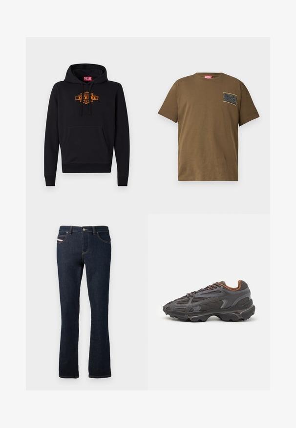 Sudadera negra con un bolsillo frontal tipo canguro, capucha con cordón y un logo gráfico naranja en el pecho. Material de suave mezcla de algodón.; Camiseta de algodón marrón con cuello redondo, que presenta un parche gráfico negro en el lado izquierdo del pecho. Mangas cortas y dobladillo recto.; Jeans de mezclilla azul marino con corte recto, con costuras naranjas, cierre de botón metálico y un pequeño logo en el bolsillo trasero.; Zapatillas Lacoste en gris oscuro con material de malla y sintético, que cuentan con una suela texturizada y detalles en marrón en el cuello y la marca.
