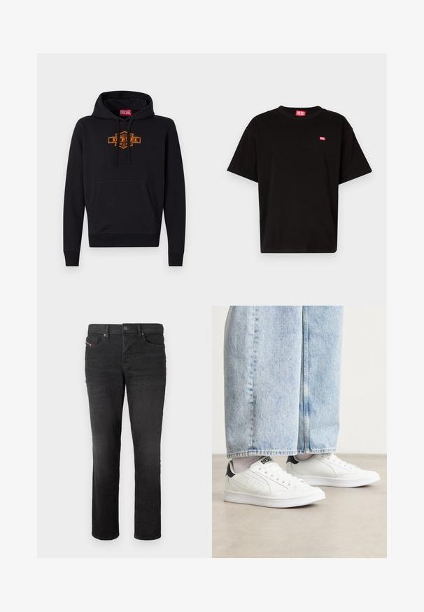 Schwarzer Hoodie mit einer vorderen Kängurutasche, Kapuze mit Kordelzug und einem orangefarbenen Grafiklogo auf der Brust. Weiches Mischmaterial aus Baumwolle.; Schwarzes Baumwoll-T-Shirt mit Rundhalsausschnitt, kurzen Ärmeln und einem kleinen roten Diesel-Logo auf der Brust. Gerader Saum, minimalistisches Design.; Schwarze Denim-Jeans mit geradem Bein, ausgestattet mit fünf Taschen, einem Knopfverschluss und subtilen Nähdetails auf der Vorderseite.; Weiße Sneaker mit einer glatten Ledertextur, schwarzen Fersenakzenten und perforierten Details. Kombiniert mit hellblauen, weiten Jeanshosen.