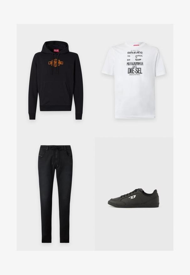 Schwarzer Hoodie mit einer vorderen Kängurutasche, Kapuze mit Kordelzug und einem orangefarbenen Grafiklogo auf der Brust. Weiches Mischmaterial aus Baumwolle.; Weißes Baumwoll-T-Shirt mit fetter schwarzer Typografie und den Worten "BRAVES" und "DIE-SEL INDUSTRY" sowie einem halbtransparenten Cutout-Design.; Schwarze Jeanshosen mit schlanker Passform, mit einem Kordelzugbund, zwei Fronttaschen und subtilen Stickdetails. Glatte Textur.; Schwarze Sneakers aus synthetischem Material mit einer strukturierten schwarzen Sohle, rundem Zehenbereich und flachen schwarzen Schnürsenkeln. Auffälliges weißes Logo auf der Außenseite.