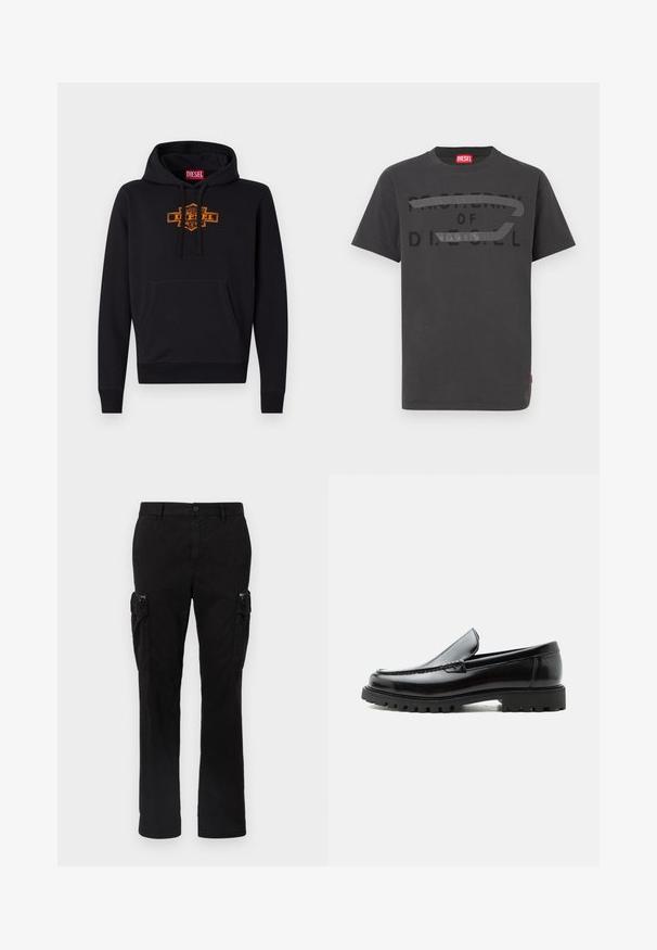 Sort hættetrøje med en frontlomme, snøre i hætten og et orange grafisk logo på brystet. Blødt bomuldsblandingsmateriale.; Grå bomulds-T-shirt med fed sort tekst, der lyder "PROPERTY OF D.I.E.S.E.L.", med en glat tekstur og korte ærmer.; Sorte cargo-bukser lavet af bomuld, med to sidelommer, lige ben-design og synlige stikninger på sømmene.; Sort læderloafer med chunky gummisål, syet overdel og præget mærkenavn på hælen, vist i sideprofil på hvid baggrund.