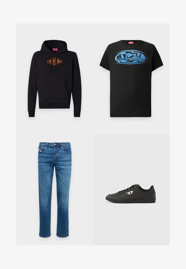 Schwarzer Hoodie mit einer vorderen Kängurutasche, Kapuze mit Kordelzug und einem orangefarbenen Grafiklogo auf der Brust. Weiches Mischmaterial aus Baumwolle.; Schwarzes T-Shirt mit kurzen Ärmeln aus Baumwolle, das ein blaues Grafik-Logo-Design mit dem Text "www.diesel.com" auf der Front zeigt.; Blaue Denim-Jeans mit geradem Schnitt, fünf Taschen und einem Knopfverschluss. Sie verfügen über subtile Kontrastnähte und eine glatte Textur.; Schwarze Sneakers aus synthetischem Material mit einer strukturierten schwarzen Sohle, rundem Zehenbereich und flachen schwarzen Schnürsenkeln. Auffälliges weißes Logo auf der Außenseite.