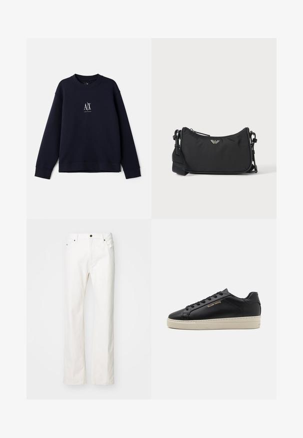 Sweat-shirt bleu marine en coton doux, avec un col rond, des manches longues et un petit logo blanc sur la poitrine.; Jean en denim blanc avec une coupe droite, dotés de cinq poches, fermeture par bouton métallique et détails de couture minimalistes.; Sneaker en cuir noir avec une finition lisse, semelle crème contrastante, bout arrondi, logo doré sur le côté et six œillets pour les lacets.; Sac bandoulière rectangulaire noir avec emblème du logo de la marque argenté et sangle réglable sur fond clair.
