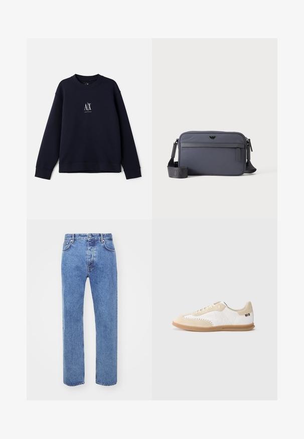 Sweat-shirt bleu marine en coton doux, avec un col rond, des manches longues et un petit logo blanc sur la poitrine.; Won Hundred STEVE - Jean boyfriend - cut blue; Baskets blanches avec accents en daim beige clair, détails perforés, lacets plats et semelle en caoutchouc naturel. Présentent un logo rayé sur le talon.; Sac bandoulière rectangulaire gris avec poche zippée devant, sangle d’épaule réglable et petit logo noir au centre avant.