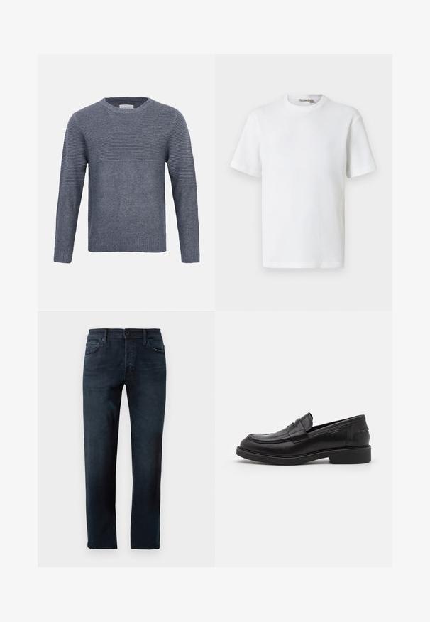Pull gris en maille, manches longues, avec texture côtelée sur le haut de la poitrine et les manches, maille unie sur le bas du buste et les poignets, col rond.; T-shirt blanc à manches courtes en maille gaufrée avec col rond, petite étiquette de marque à l'intérieur du col, présenté sur un fond uni.; Jean bleu foncé, en denim, avec une coupe droite, une fermeture à bouton et zip à l'avant, et cinq poches.; Mocassins en cuir noir avec un bout arrondi, des coutures ton sur ton et un détail de sangle à l'avant. Semelle en caoutchouc avec un petit talon.