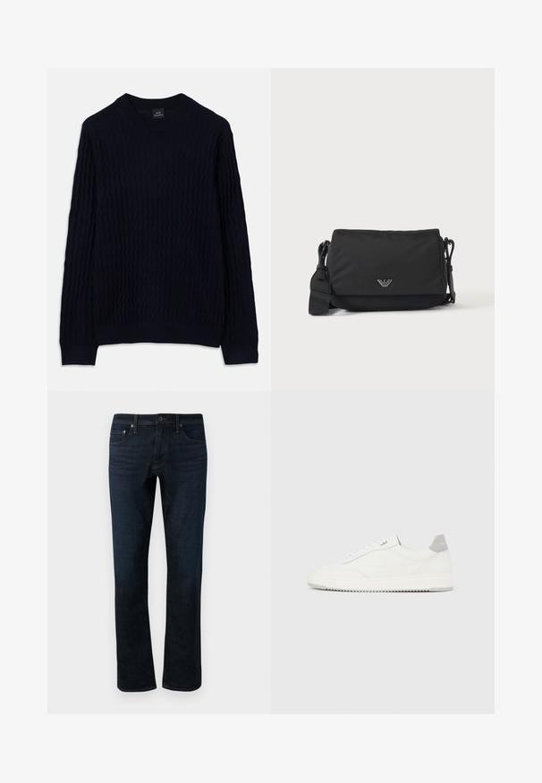 Suéter de manga larga azul marino con un patrón de punto texturizado en ondas y cuello redondo acanalado, puños y dobladillo de Armani Exchange.; Jeans de mezclilla azul oscuro con corte recto, que presentan un diseño clásico de cinco bolsillos y detalles de costura sutiles.; Zapatilla blanca de corte bajo con pestaña en el talón gris, cordones blancos y suela texturizada, presentada sobre un fondo claro y liso.; Bolso bandolera negro con correa ajustable y pequeño emblema de logo plateado en la solapa frontal, mostrado sobre un fondo claro y liso.