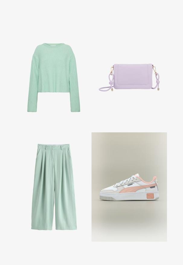 Lys grøn cropped sweater med ribbet tekstur, lange ærmer og karakteristiske diagonale mønstre på kroppen og ærmerne.; Lysegrønne bukser med vide ben og høj talje, for-ploer, bæltestropper og sidelommer, vist på en hvid baggrund.; Hvide og lyserøde Puma-sneakers med hvide snørebånd, en tyk sål og Puma-logo på siden og hælen.; Lilla faux læder crossover taske med guldfarvet hardware, forlommer og knyttet stropdetalje. Glat tekstur og rektangulær form.