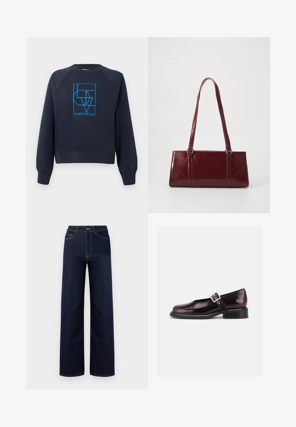 Marineblauwe sweatshirts met ronde hals en lange mouwen, met een blauw geometrisch ontwerp "LOVE is everywhere" in het midden van de borst.; Donkerblauwe wijde jeans van denim, met een hoge taille, vier zakken en contrasterende stiksels langs de naden.; Enkele glanzende donker bordeauxrode Mary Jane schoen met brede band en zilveren gesp, lage blokhak en afgeronde neus op witte achtergrond.; Bourgondische handtas van glanzend materiaal, rechthoekige vorm, met twee schouderbanden en subtiele gebogen accenten aan de voorkant.