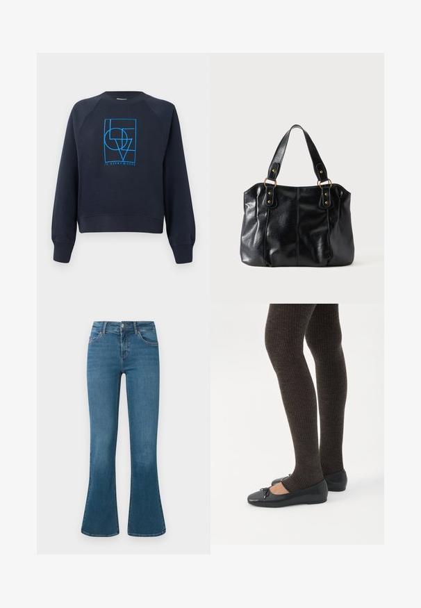 Sweatshirt bleu marine à col rond avec manches longues, présentant un design géométrique bleu "L'AMOUR est partout" centré sur la poitrine.; Jean en denim bleu évasé avec une taille mi-haute, design à cinq poches et un subtil détail de couture. Texture lisse avec un lavage classique.; Jambes portant des leggings côtelés foncés associés à des ballerines noires avec de petits détails en nœud sur fond blanc.; Sac à épaule en cuir noir avec double anses attachées par des anneaux et rivets dorés, surface lisse et légèrement brillante, design simple.