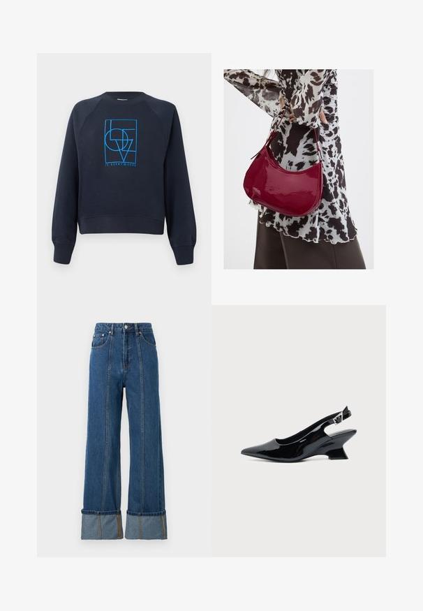 Marineblauwe sweatshirts met ronde hals en lange mouwen, met een blauw geometrisch ontwerp "LOVE is everywhere" in het midden van de borst.; Blauwe spijkerbroek met hoge taille en wijde pijpen, voorzien van contrasterende denim omslagen, zichtbare stiksels en voorvakken.; Zwarte lakleren slingback schoen met spitse neus en lage schuine blokhak op een effen lichte achtergrond.; Vrouw met een zwart-wit gebloemde blouse houdt een glanzende rode schoudertas vast tegen een effen achtergrond.