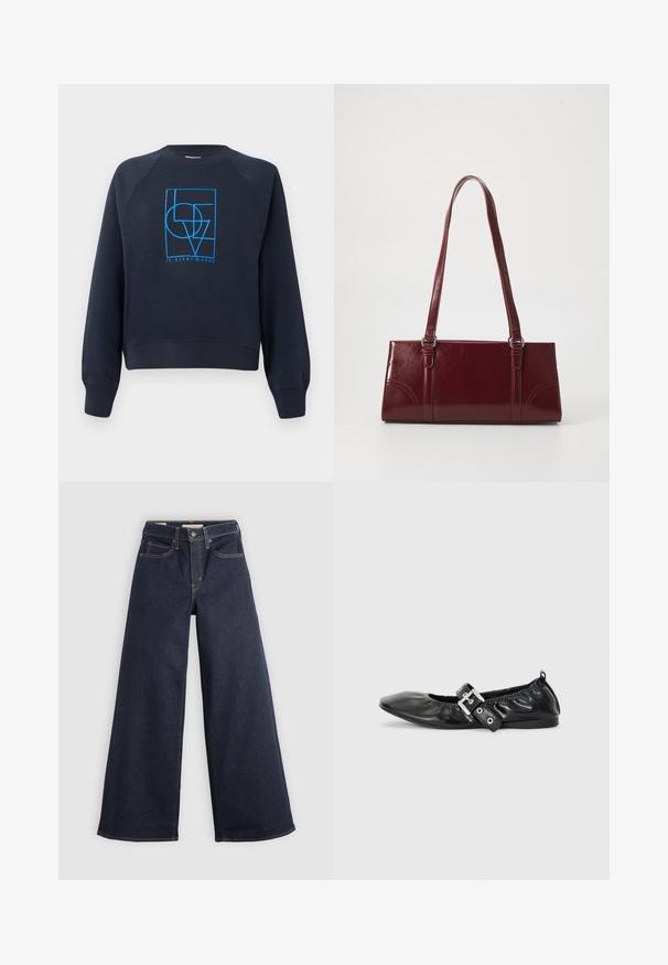 Marinblaues Crewneck-Sweatshirt mit langen Ärmeln, ausgestattet mit einem blauen geometrischen Design "LOVE ist überall", das mittig auf der Brust platziert ist.; Helle-bein Jeans aus Denim in Dunkelblau mit Kontrastnähten. Mit traditionellem Fünf-Taschen-Design und einem Knopfverschluss an der Taille.; Schwarze Leder-Ballerinas mit spitzem Zehenbereich, gerafften Details am Schaft und einem silbernen Schnallenakzent am verstellbaren Riemen.; Burgunderfarbene Handtasche aus glänzendem Material, rechteckige Form, mit zwei Schulterriemen und subtilen, geschwungenen Akzenten an der Vorderseite.
