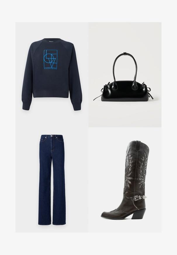 Marineblauwe sweatshirts met ronde hals en lange mouwen, met een blauw geometrisch ontwerp "LOVE is everywhere" in het midden van de borst.; Donkerblauwe denim jeans met een hoge taille, wijde pijpen en een klassieke vijf-pocket stijl. Afgewerkt met contrasterende stiksels en een metalen knoop.; Zwarte leren cowboylaars met decoratieve uitsnijdingen, zilveren gesp en schuine hak, weergegeven op een witte achtergrond.; Kleine zwarte glanzende handtas met twee lange hengsels en zijkant trekkoord details op een effen lichte achtergrond.