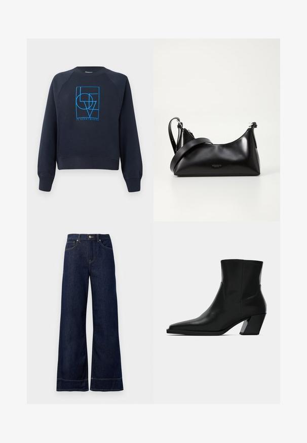 Marineblå crewneck sweatshirt med lange ærmer, med et blåt geometrisk design "KÆRLIGHED er overalt" centreret på brystet.; Mørkeblå brede jeans lavet af denim. Har en knaplukning, stikninger og sidelommer. Udfoldet nederste kant.; Sortlæder ankelstøvle med spids tå, en slank silhuet og en kraftig firkantet hæl. Glat tekstur med minimale stikninger.; Sort læderhåndtaske med en glat tekstur. Har en justerbar stropp og et enkelt, minimalistisk design med lynlås.