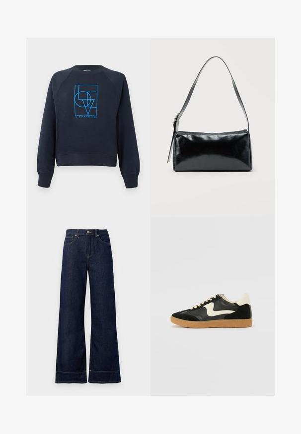 Marineblå crewneck sweatshirt med lange ærmer, med et blåt geometrisk design "KÆRLIGHED er overalt" centreret på brystet.; Mørkeblå brede jeans lavet af denim. Har en knaplukning, stikninger og sidelommer. Udfoldet nederste kant.; Sorte ruskinds- og lædersneakers med en cremefarvet side-swoosh og lys cremefarvet hæl. Har beige snørebånd og en gummirubber-sål.; Sort rektangulær skuldertaske med en enkelt justerbar rem og lynlås i toppen på en ensfarvet baggrund.