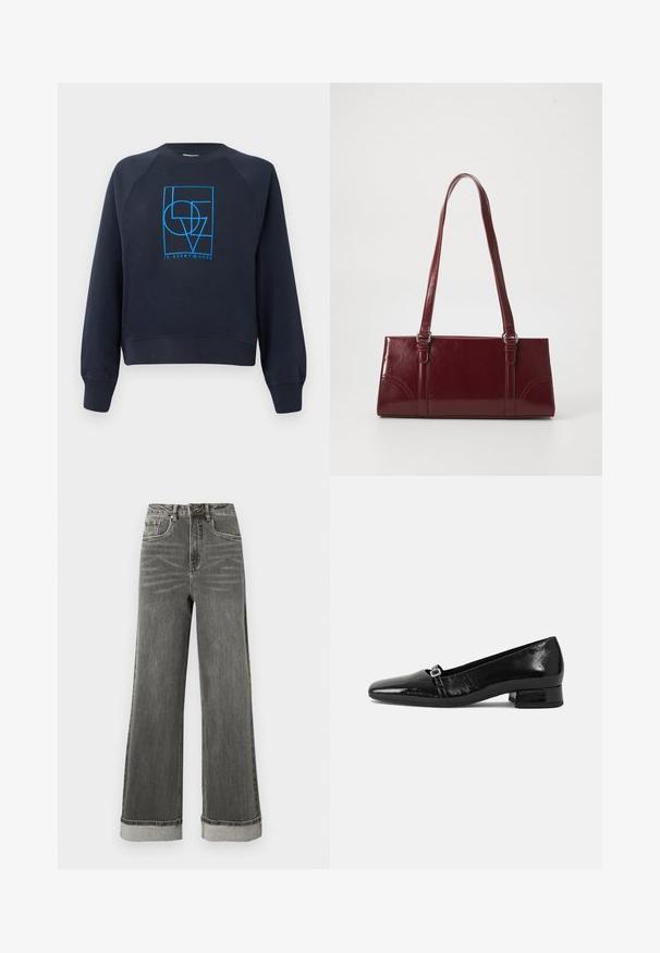 Marineblauwe sweatshirts met ronde hals en lange mouwen, met een blauw geometrisch ontwerp "LOVE is everywhere" in het midden van de borst.; Grijze wijde denim jeans met een hoge taille, vijf zakken en opgerolde pijpen. De stof heeft een licht versleten textuur met zichtbare stiksels.; Zwarte laarzen van gepatenteerd leer met een puntige neus, een lage vierkante hak en een kleine metalen gespdetail op de band. Gladde textuur.; Bourgondische handtas van glanzend materiaal, rechthoekige vorm, met twee schouderbanden en subtiele gebogen accenten aan de voorkant.