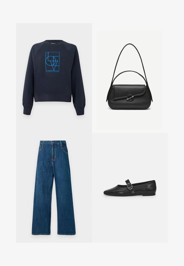 Marineblå crewneck sweatshirt med lange ærmer, med et blåt geometrisk design "KÆRLIGHED er overalt" centreret på brystet.; Videbenede denimjeans i mørkeblå med knaplukning, fem lommer og synlige syninger. Glat tekstur. Ingen udsmykninger.; Sorte læder flade sko med rund tå, et enkelt justerbart spænde og en glat, blank overflade. Minimalistisk design med en lav hæl.; Sort læderhåndtaske med afrundede kanter, asymmetrisk klap, metalcirkulært spænde samt både korte og lange skulderstropper.