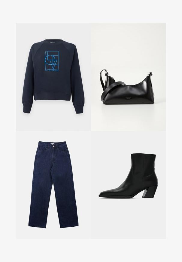 Sweatshirt bleu marine à col rond avec manches longues, présentant un design géométrique bleu "L'AMOUR est partout" centré sur la poitrine.; Pantalons en denim bleu foncé avec une coupe droite, dotés d'une fermeture à bouton à l'avant, de passants de ceinture et de deux poches avant.; Bottine en cuir noir avec un bout pointu, une silhouette élégante et un talon carré massif. Texture lisse avec des détails de couture minimalistes.; Sac à main en cuir noir avec une texture lisse. Dispose d'une bandoulière adjustable et d'un design élégant et minimaliste avec une fermeture éclair.