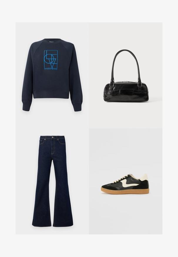 Marinblaues Crewneck-Sweatshirt mit langen Ärmeln, ausgestattet mit einem blauen geometrischen Design "LOVE ist überall", das mittig auf der Brust platziert ist.; Dunkelblaue ausgestellte Jeans aus Denim mit hoher Taille, frontalen Taschen und goldenen Nähakzenten. Glatte Textur mit traditionellem Schnitt.; Schwarze Wildleder- und Leder-Sneaker mit einem cremefarbenen Seiten-Swoosh und einer hellcremefarbenen Ferse. Ausgestattet mit beige Schnürsenkeln und einer Gummilaufsohle.; Schwarze Lederhandtasche in rechteckiger Form, mit einem stabilen Griff, silbernem Zubehör und Reißverschluss. Glatte Textur.